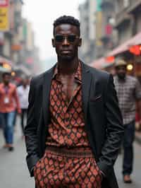 sharp and trendy man in Mumbai wearing a contemporary fusion outfit, bustling streets of Mumbai in the background