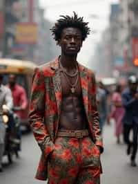 sharp and trendy man in Mumbai wearing a contemporary fusion outfit, bustling streets of Mumbai in the background