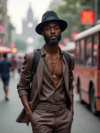 sharp and trendy man in Mumbai wearing a contemporary fusion outfit, bustling streets of Mumbai in the background