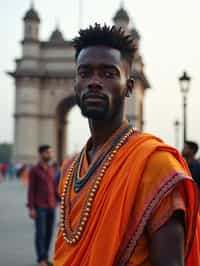 sharp and trendy man in Mumbai wearing a vibrant saree/kurta, Gateway of India in the background