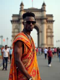 sharp and trendy man in Mumbai wearing a vibrant saree/kurta, Gateway of India in the background