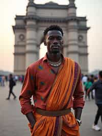 sharp and trendy man in Mumbai wearing a vibrant saree/kurta, Gateway of India in the background