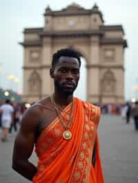 sharp and trendy man in Mumbai wearing a vibrant saree/kurta, Gateway of India in the background