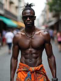 sharp and trendy man in Thailand wearing a vibrant sarong, Bangkok in the background