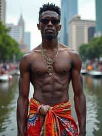 sharp and trendy man in Thailand wearing a vibrant sarong, Bangkok in the background