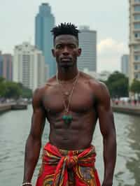 sharp and trendy man in Thailand wearing a vibrant sarong, Bangkok in the background