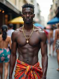 sharp and trendy man in Thailand wearing a vibrant sarong, Bangkok in the background