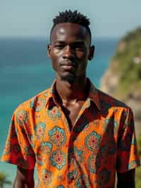 sharp and trendy man in Bali wearing vibrant Batik clothes, Bali, Indonesia in the background