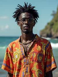 sharp and trendy man in Bali wearing vibrant Batik clothes, Bali, Indonesia in the background