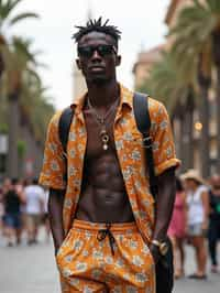 sharp and trendy man in Barcelona wearing a stylish summer outfit, La Sagrada Família in the background