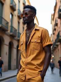 sharp and trendy man in Barcelona wearing a stylish summer outfit, La Sagrada Família in the background