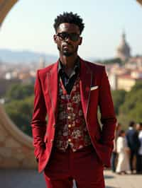 sharp and trendy man in Barcelona wearing a flamenco-inspired dress/suit, Park Güell in the background