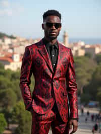 sharp and trendy man in Barcelona wearing a flamenco-inspired dress/suit, Park Güell in the background