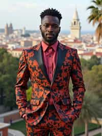 sharp and trendy man in Barcelona wearing a flamenco-inspired dress/suit, Park Güell in the background