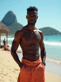 sharp and trendy man in Rio de Janeiro wearing a trendy swimsuit and sarong, Copacabana Beach in the background