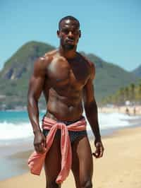 sharp and trendy man in Rio de Janeiro wearing a trendy swimsuit and sarong, Copacabana Beach in the background