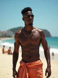 sharp and trendy man in Rio de Janeiro wearing a trendy swimsuit and sarong, Copacabana Beach in the background