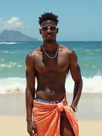 sharp and trendy man in Rio de Janeiro wearing a trendy swimsuit and sarong, Copacabana Beach in the background