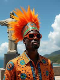 sharp and trendy man in Rio de Janeiro wearing a vibrant carnival-inspired costume, Christ the Redeemer statue in the background