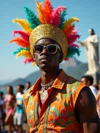 sharp and trendy man in Rio de Janeiro wearing a vibrant carnival-inspired costume, Christ the Redeemer statue in the background