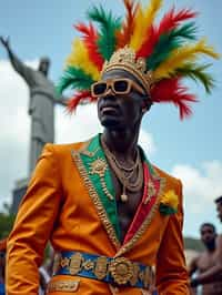 sharp and trendy man in Rio de Janeiro wearing a vibrant carnival-inspired costume, Christ the Redeemer statue in the background