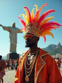 sharp and trendy man in Rio de Janeiro wearing a vibrant carnival-inspired costume, Christ the Redeemer statue in the background