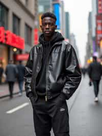 sharp and trendy man in Shanghai wearing a contemporary streetwear outfit, Nanjing Road in the background