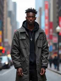 sharp and trendy man in Shanghai wearing a contemporary streetwear outfit, Nanjing Road in the background