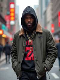 sharp and trendy man in Shanghai wearing a contemporary streetwear outfit, Nanjing Road in the background