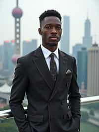 sharp and trendy man in Shanghai wearing a traditional qipao/mandarin-collar suit, modern skyline in the background