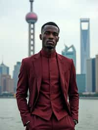 sharp and trendy man in Shanghai wearing a traditional qipao/mandarin-collar suit, modern skyline in the background