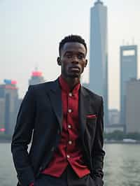 sharp and trendy man in Shanghai wearing a traditional qipao/mandarin-collar suit, modern skyline in the background