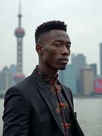 sharp and trendy man in Shanghai wearing a traditional qipao/mandarin-collar suit, modern skyline in the background