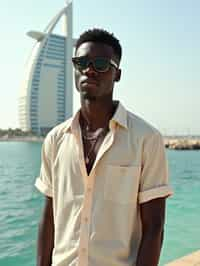 sharp and trendy man in Dubai wearing a stylish sundress/linen shirt, the Atlantis hotel in the background