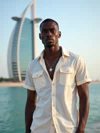 sharp and trendy man in Dubai wearing a stylish sundress/linen shirt, the Atlantis hotel in the background