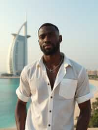 sharp and trendy man in Dubai wearing a stylish sundress/linen shirt, the Atlantis hotel in the background