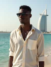 sharp and trendy man in Dubai wearing a stylish sundress/linen shirt, the Atlantis hotel in the background