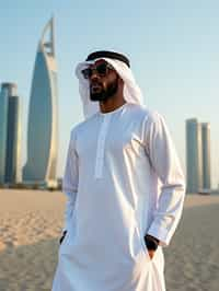 sharp and trendy man in Dubai wearing a modern, chic abaya/thobe, skyscrapers of Dubai in the background