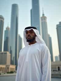 sharp and trendy man in Dubai wearing a modern, chic abaya/thobe, skyscrapers of Dubai in the background