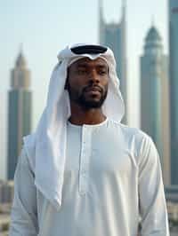 sharp and trendy man in Dubai wearing a modern, chic abaya/thobe, skyscrapers of Dubai in the background