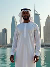 sharp and trendy man in Dubai wearing a modern, chic abaya/thobe, skyscrapers of Dubai in the background