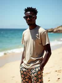 sharp and trendy man in Sydney wearing a summer dress/shorts and t-shirt, Bondi Beach in the background