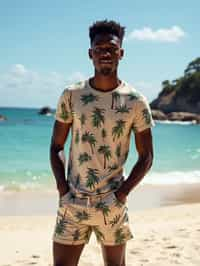 sharp and trendy man in Sydney wearing a summer dress/shorts and t-shirt, Bondi Beach in the background