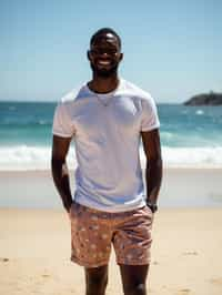 sharp and trendy man in Sydney wearing a summer dress/shorts and t-shirt, Bondi Beach in the background