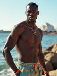 sharp and trendy man in Sydney wearing a surf-inspired outfit, Sydney Opera House in the background