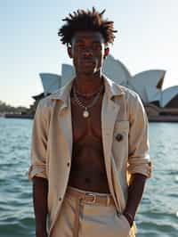 sharp and trendy man in Sydney wearing a surf-inspired outfit, Sydney Opera House in the background