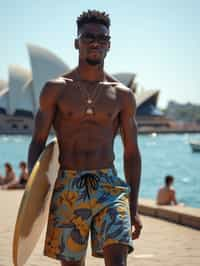 sharp and trendy man in Sydney wearing a surf-inspired outfit, Sydney Opera House in the background