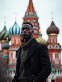 sharp and trendy man in Moscow wearing a stylish coat and scarf, Saint Basil's Cathedral in the background