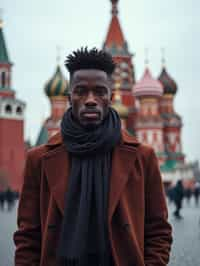 sharp and trendy man in Moscow wearing a stylish coat and scarf, Saint Basil's Cathedral in the background