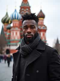 sharp and trendy man in Moscow wearing a stylish coat and scarf, Saint Basil's Cathedral in the background